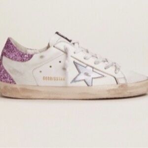Golden Goose Super-Star White Sneakers with Purple Glitter Accents